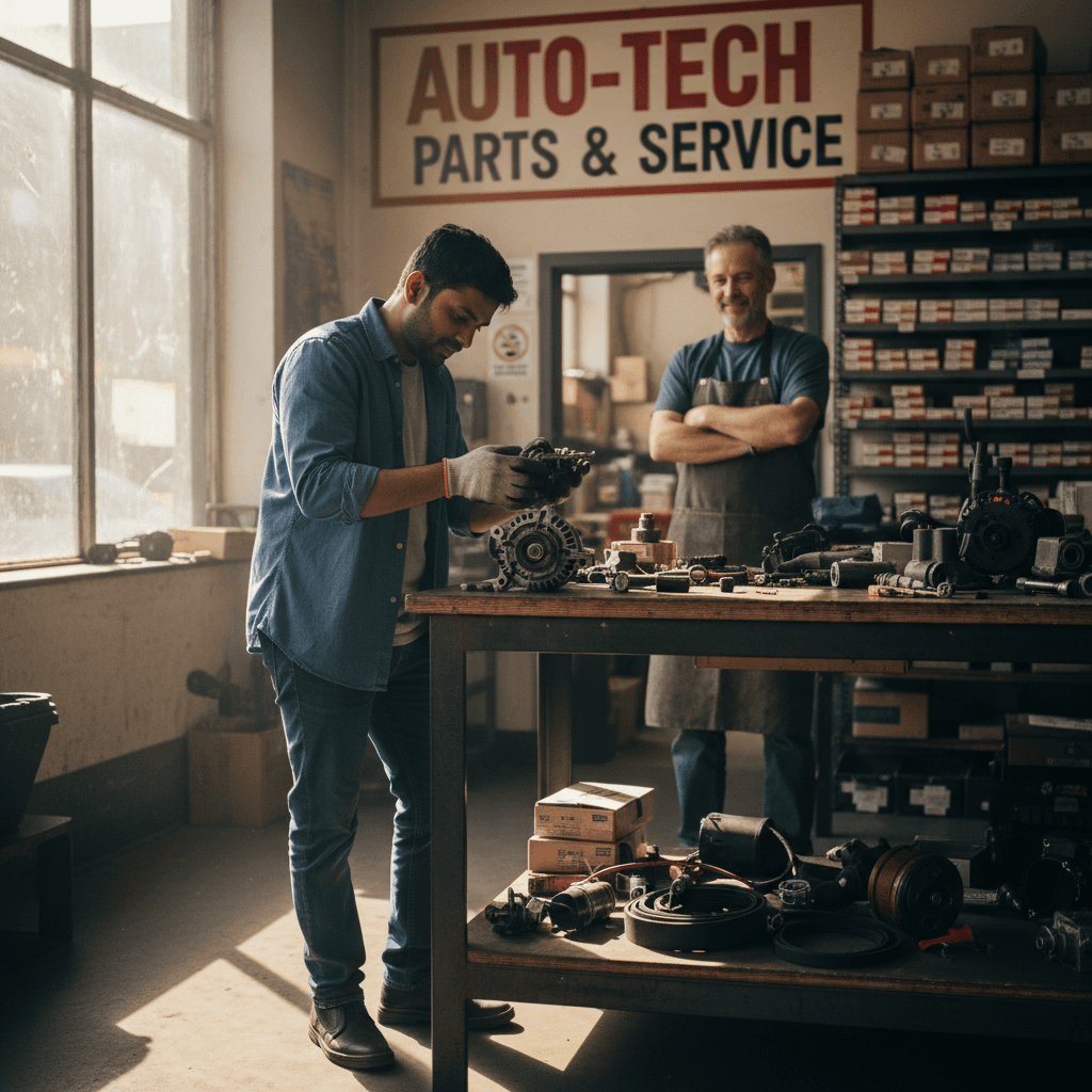 Customer examining motorparts at retail counter with staff nearby