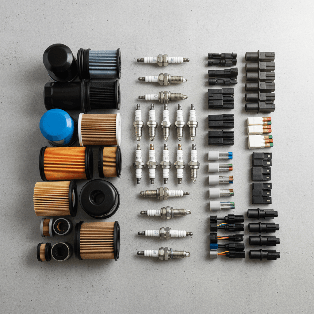 Assortment of spark plugs, filters, and automotive connectors
