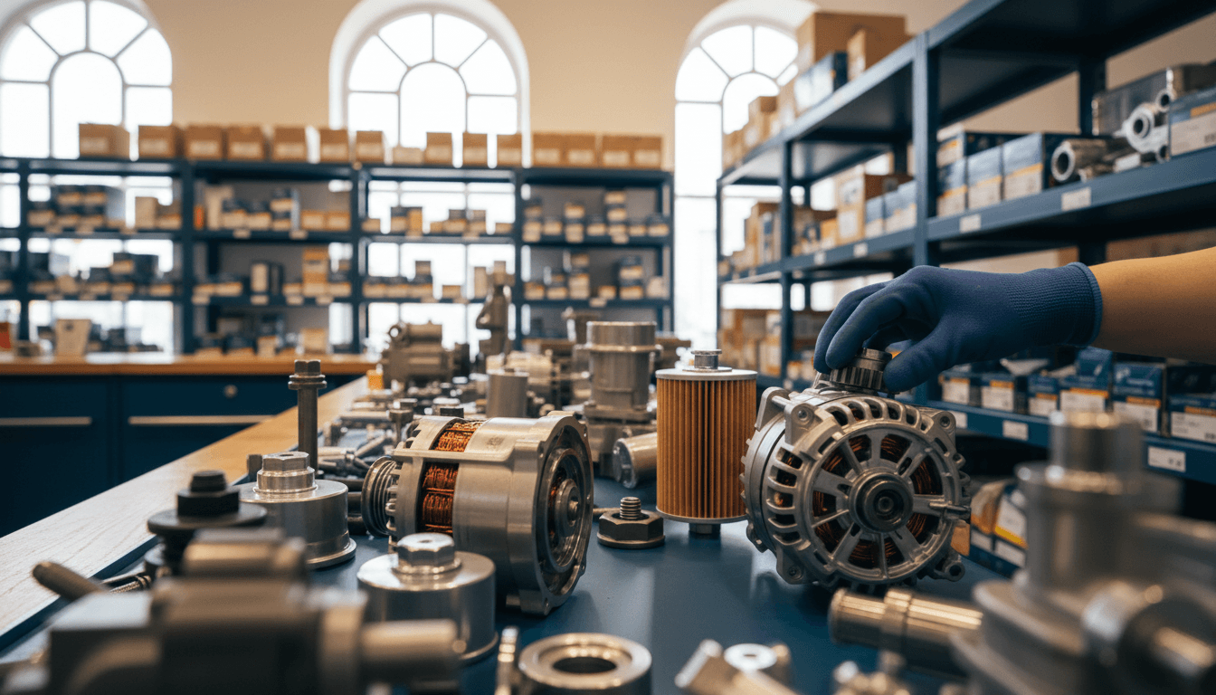 Organized motorparts on retail shelving with technician selecting components