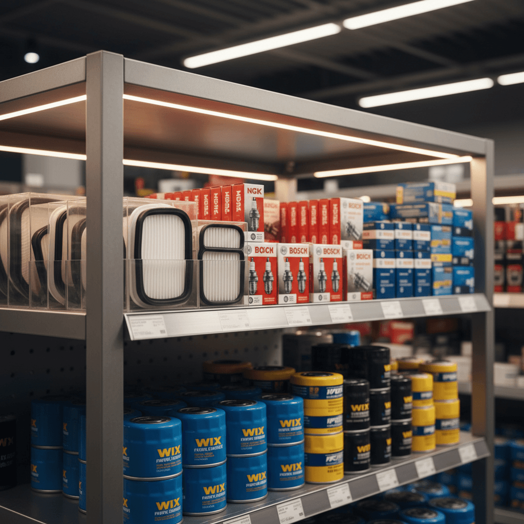 Engine components and filters on retail display shelf