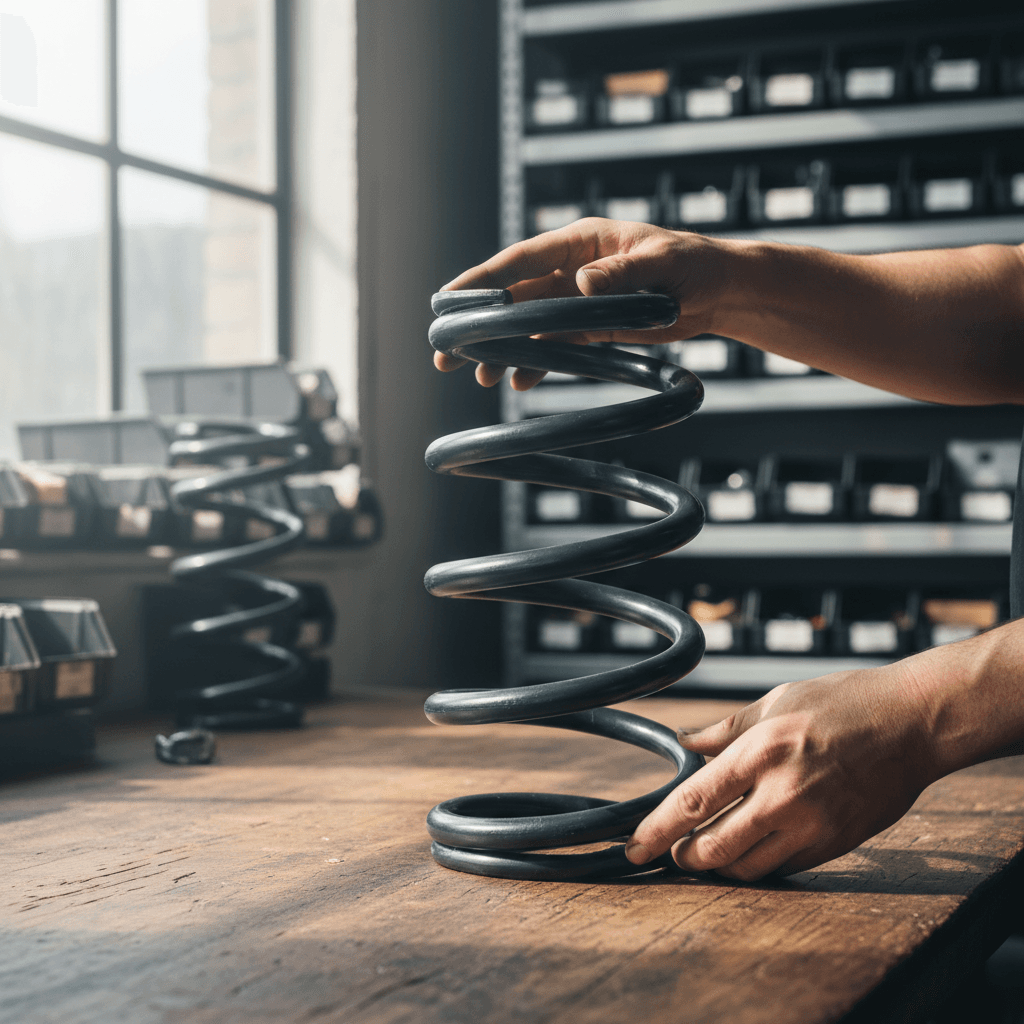 Customer examining suspension parts at workbench