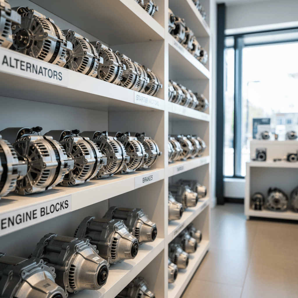 Engine components and starter motors on retail display shelves